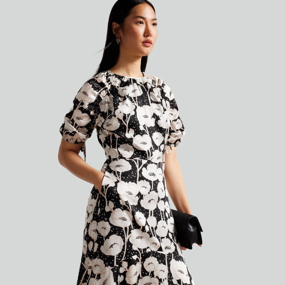 Ted Baker Black Abriee Puff Sleeve Midi Dress - Picture 2 of 16
